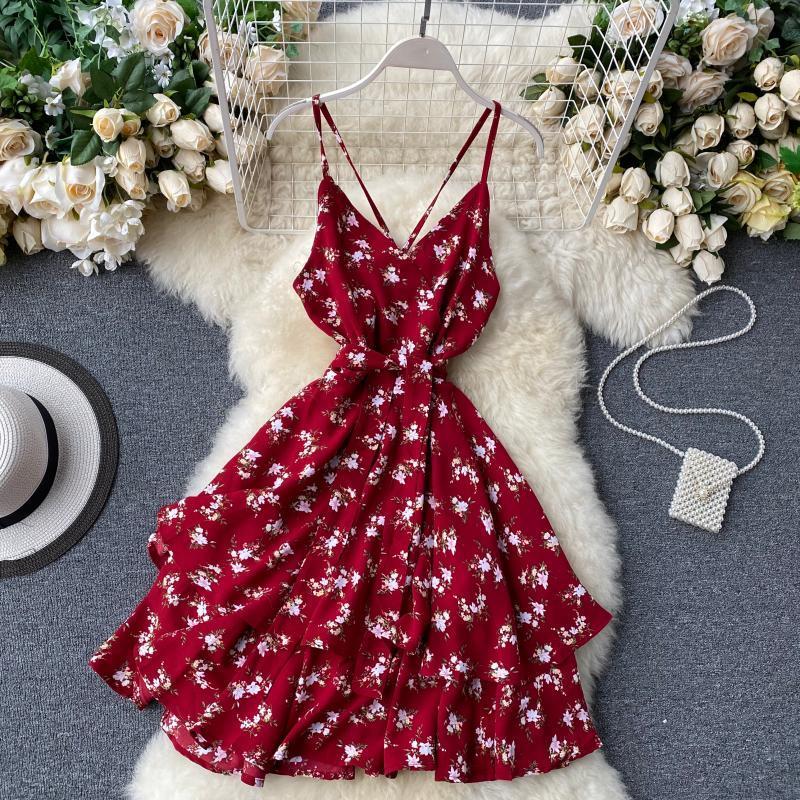 New Summer Flower Print Spaghetti Strap Dress Female V Neck High Waist Sexy Dress Ladys Red Mini Dress T200603
