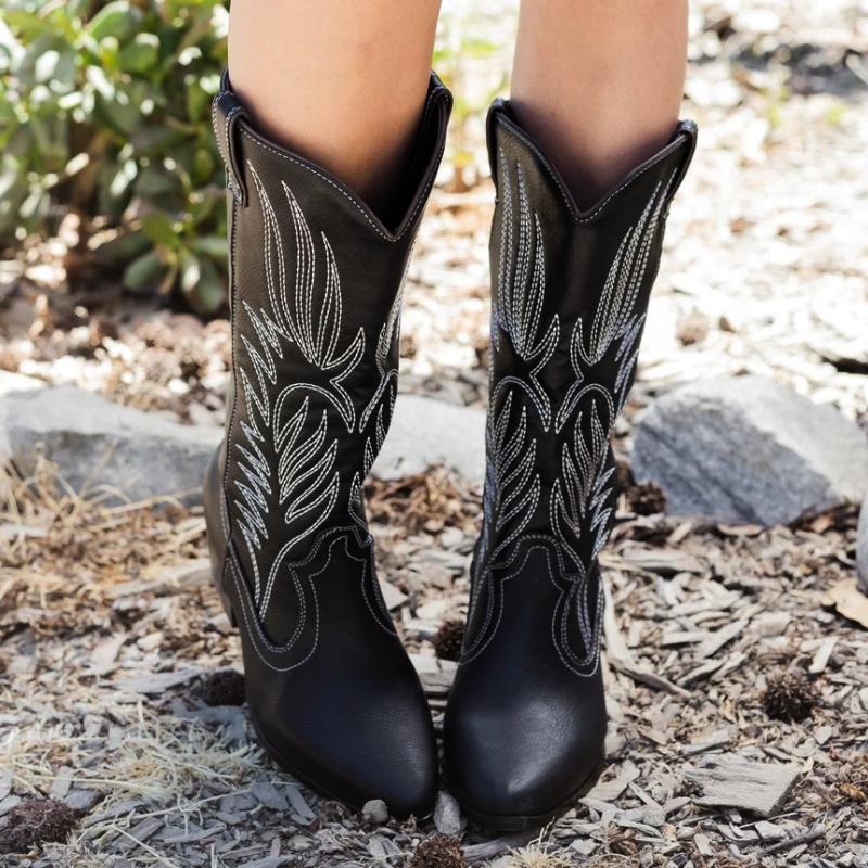 Women Mid Calf Western Boots Cowboy Pointed Toe Knee High Pull on Boots Ladies Fashion Leather Motorcycle Botas Mujer, Black
Women Mid Calf Western Boots Cowboy Pointed Toe Knee High Pull on Boots Ladies Fashion Leather Motorcycle Botas Mujer, Black