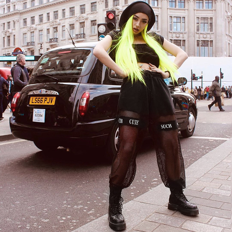 Black Gothic Streetwear Pants Casual Fishnet Mesh Patchwork Baggy Pants Women Summer Elastic Igh Waist Trousers T200606