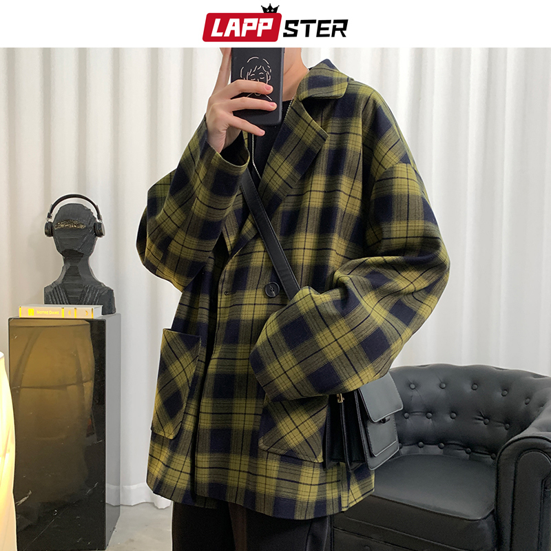 LAPPSTER Vintage Men Single Breasted Korean Style Plaid Blazers Autumn Mens Harajuku Jackets Coats Male Casual Suit Jackets 201128
