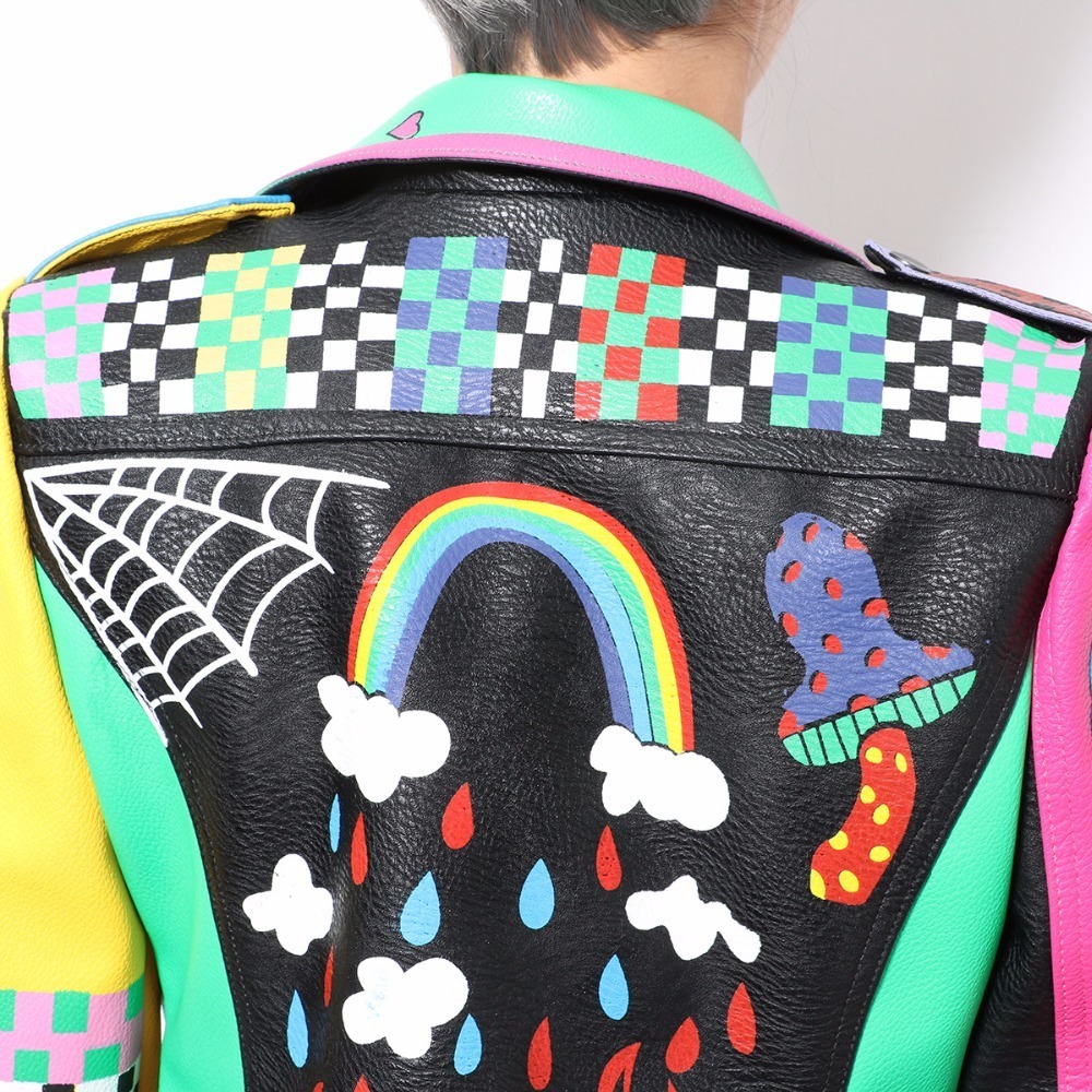 LORDXX Colorful Rainbow Jacket Women New Fashion print yellow sleeve Street Short Leather Jacket Zipper Motorcycle Coat 201126