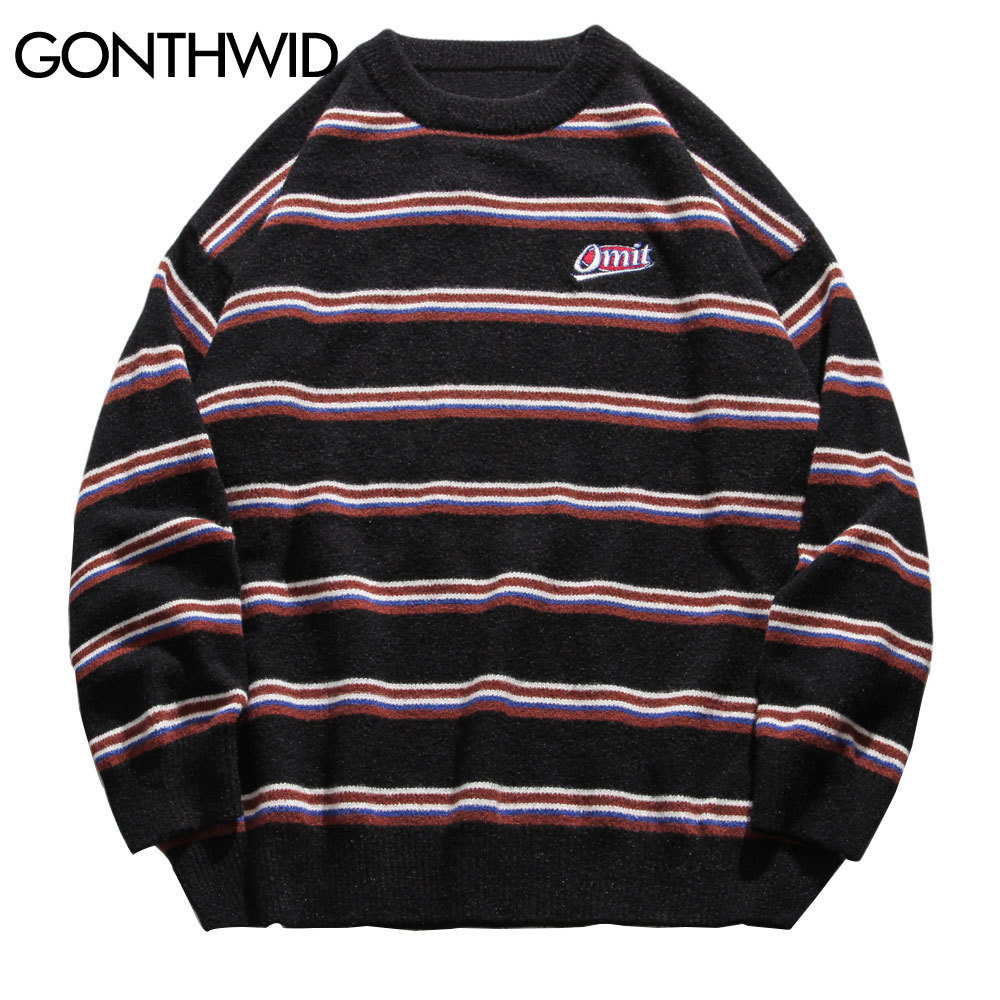 GONTHWID Harajuku Stripe Knitted Jumpers Sweaters Streetwear Hip Hop Casual Pullover Knitwear Mens Fashion Crew Neck Tops 201203