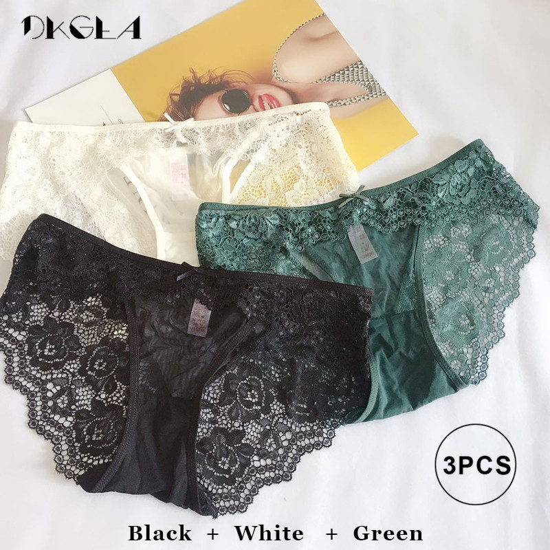 Low-Rise Sexy Panties 3 Piece White+Green+Red Wine Women Underwear Lace Transparent Briefs Hollow Out Embroidery Panty XL L M S 201112