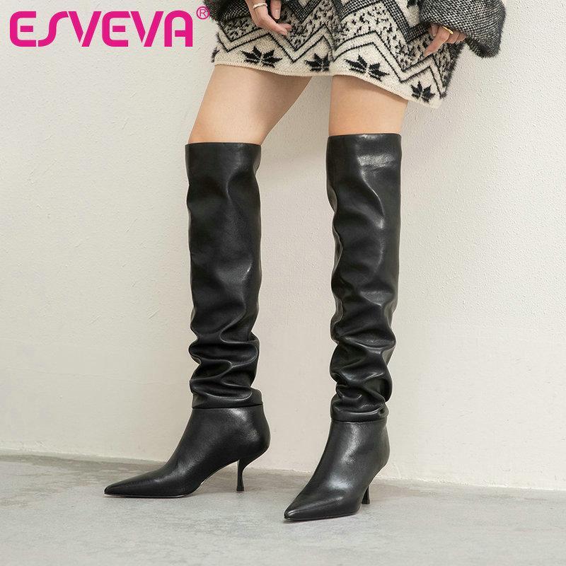 ESVEVA 2021 Thin High Heel PU+Leather Knee High Boots Women Boots Shoes Pointed Toe Western Style Zipper Size 34-391, Black-pu
ESVEVA 2021 Thin High Heel PU+Leather Knee High Boots Women Boots Shoes Pointed Toe Western Style Zipper Size 34-391, Black-pu