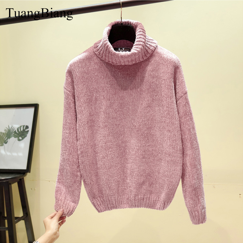 Chic Vintage Chenille Cashmere Womens Full sleeve Gold Velvet Sweaters Winter Ladies Solid Turtleneck Loose Female jumpers 201221