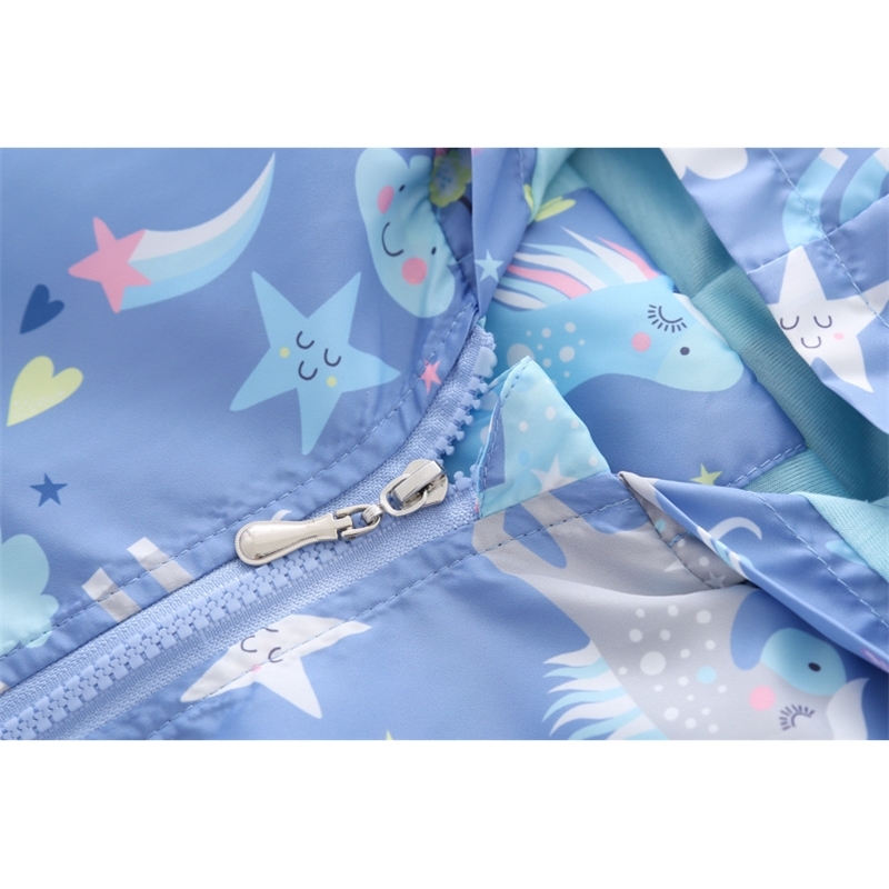 Kids Girls Long Sleeve Windbreaker Unicorn Jacket Cartoon Hooded Blue Color Jackets Fahion Outerwear for 2-7years Old LJ200828