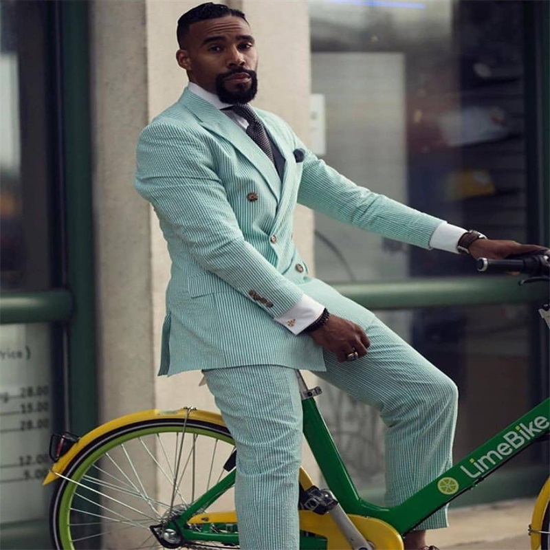 2 Pieces Pinstripe Men Suits Cotton Groom Tuxedos Lapel Modern Formal Double Breasted Men Coat+Pant Custom Made Party Suit