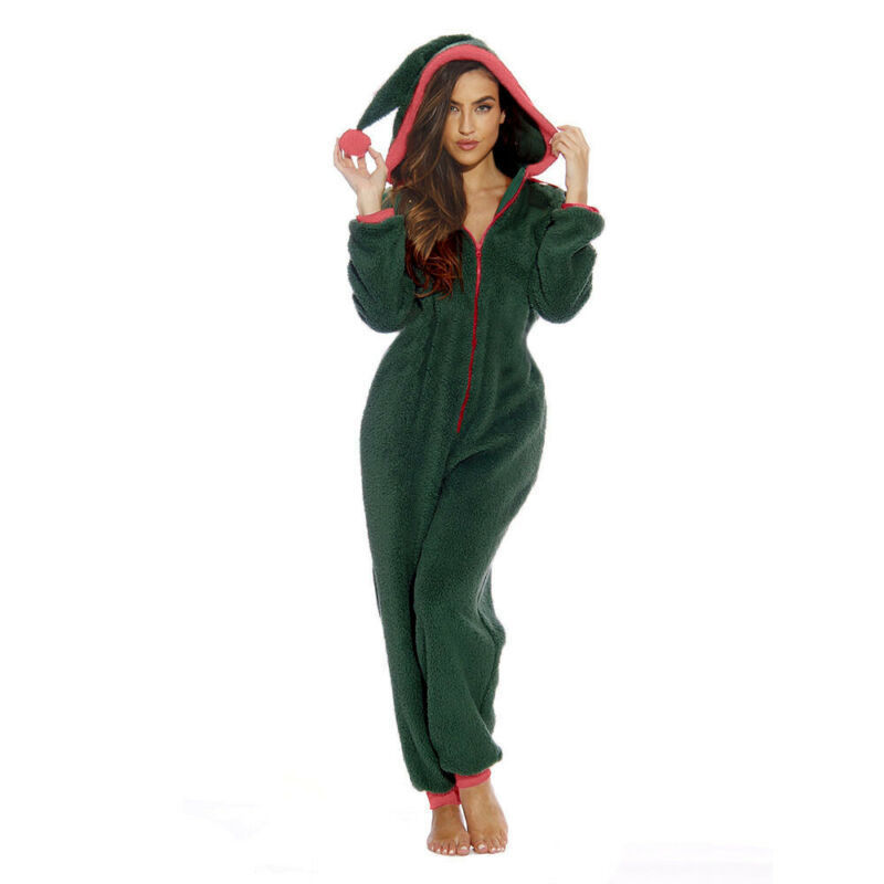 Women Fleece Jumpsuits Christmas Pajamas Santa Sleepwear Xmas Long Sleeve Zipper Hooded Rompers Fall Winter Warm Jumpsuits 201007