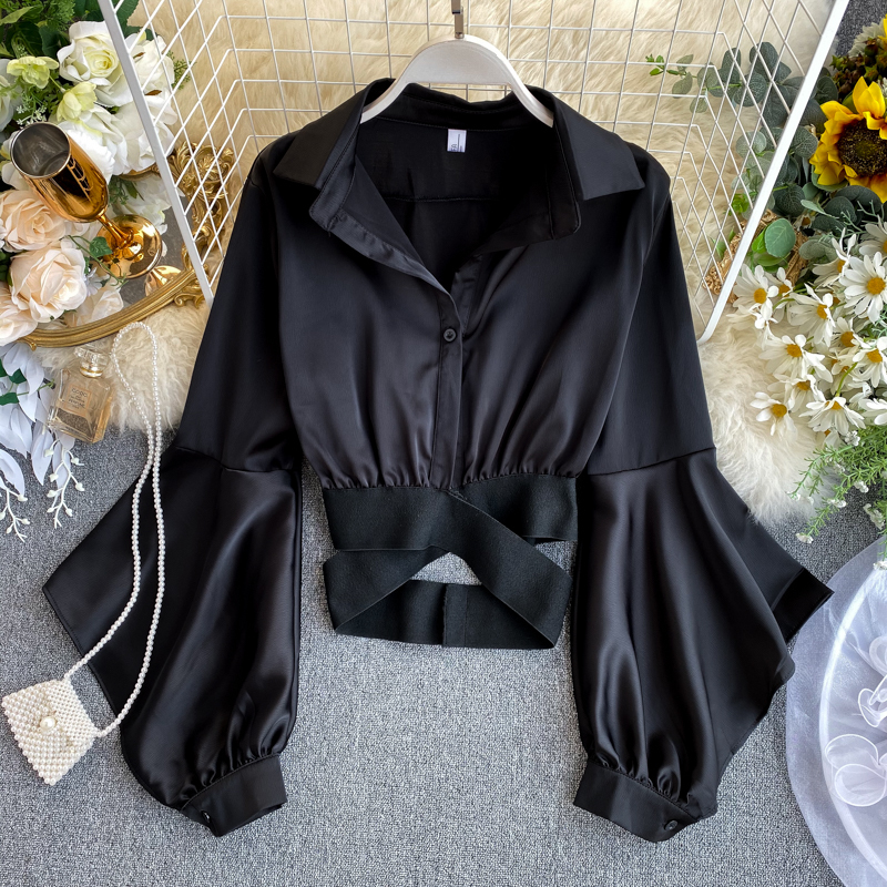 Women Black/White Hollow Out Blouse Autumn Casual Long Sleeve Turn-Down Collar Shirt Elegant Single Breasted Short Tops 220307