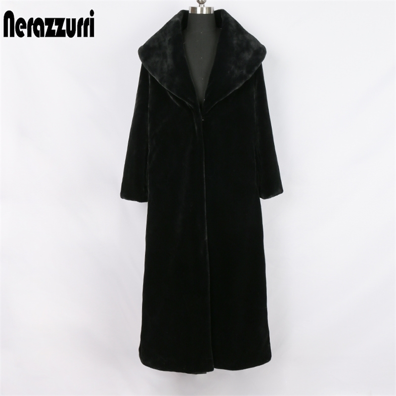 Nerazzurri Extra long black winter faux fur coat women long sleeve turn-down collar fluffy fake sheared mink fur overcoat 5xl 201212
