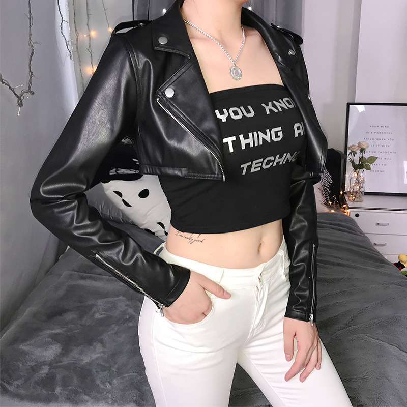 Leather Jacket Women Summer Spring Pu Faux Crop Coat Turn Down Collar Solid Coat Asymmetric Zipper Button Long Sleeve Clothing 201030