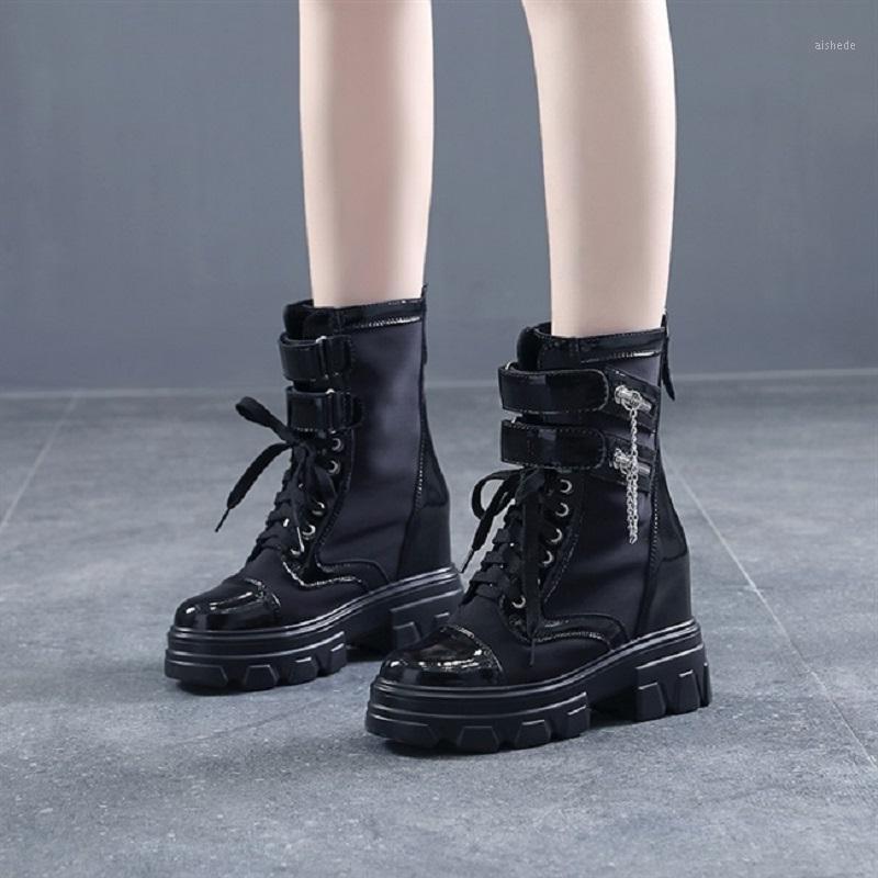 Spring Autumn New Slim Platform Height Increasing Wedges Chic Metal Chain Genuine Leather Women Half Mid-Calf Equestrian Boots1, Black 
Spring Autumn New Slim Platform Height Increasing Wedges Chic Metal Chain Genuine Leather Women Half Mid-Calf Equestrian Boots1, Black