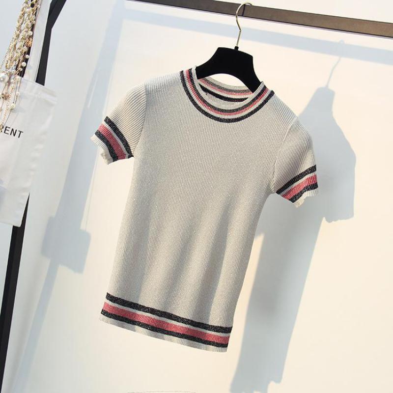 Bling Summer Tees For Women Knitted Tops O-neck Short Sleeve Sweaters 2019 Ice Cool Knitting shirts Striped Casual Clothings T200116