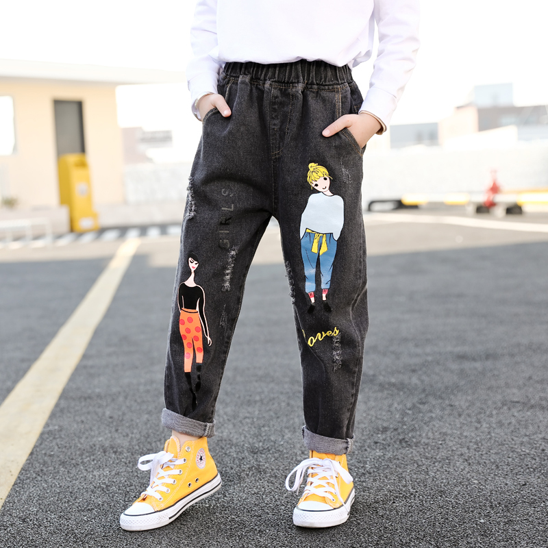 Fashion Cartoon Jeans for Girls Teenage Children Jeans Elastic Waist Denim Pants Kids Trousers for Girls Kids Clothes 4-13T LJ201127