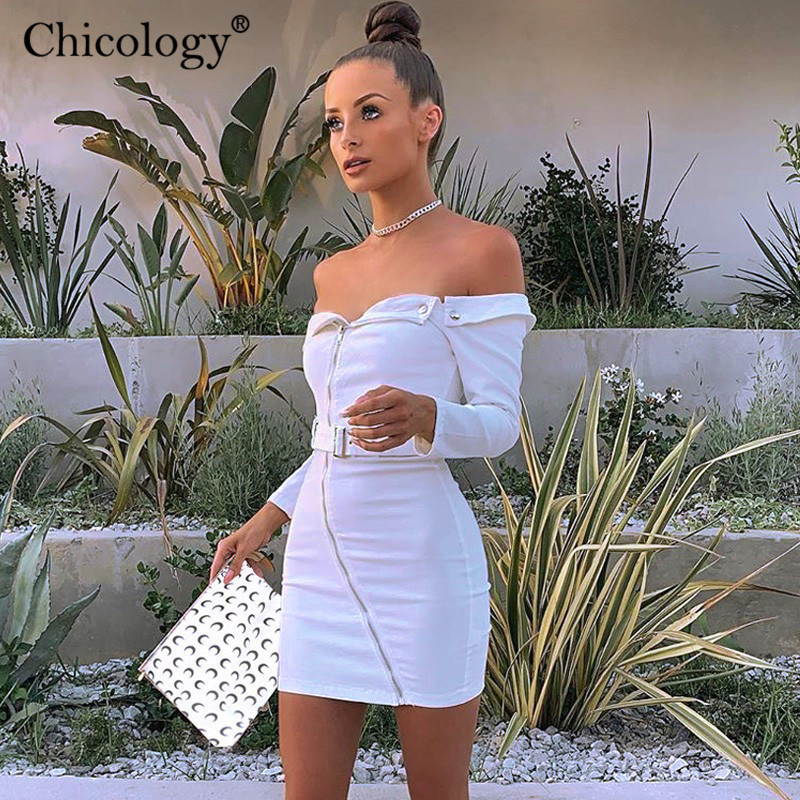 Chicology off shoulder belt zipper button dress long sleeve bodycon autumn winter women sexy party casual lady clothes T200521