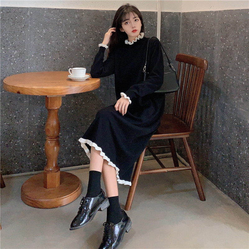 Sweet Ruffled Collar Lace Dress Women Fashion Contrast Color Flare Sleeve Acrylic Knitted Dress Autumn Winter Midi Sweater Dress 201126