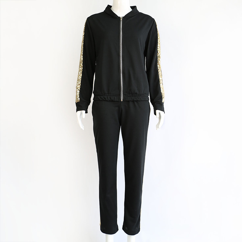 Women's Sports Tracksuits 2 Piece Set Sequined Patckwork Long Sleeve Zippers Tops Elastic Waist Pants Suit 2020 Spring Tracksuit LJ201012