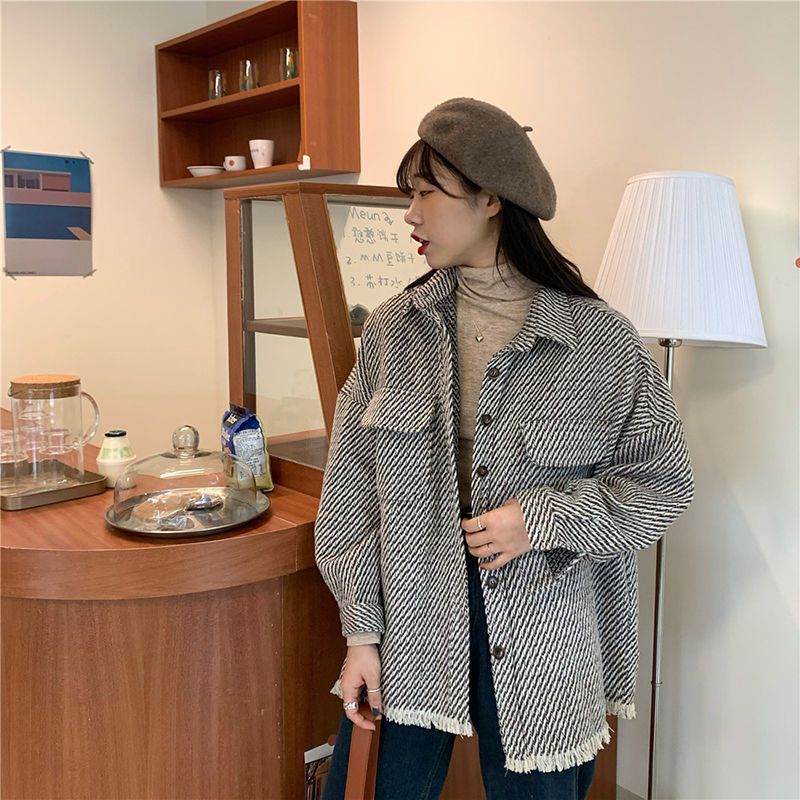 Women Autumn New Retro Houndstooth Shirts Vintage Tassel Loose Wild Long Sleeve Jacket Casual Street Lady Outwears 201112