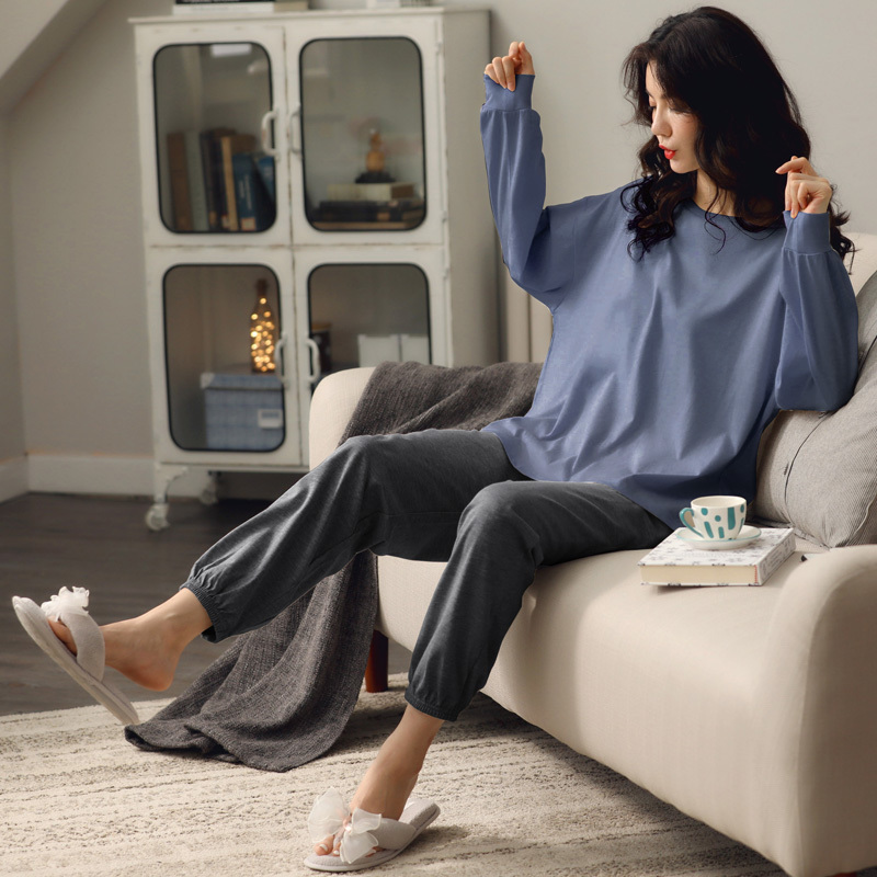 autumn solid color round neck pyjama set for women girls long sleeve simple comfortable home clothes plus size 200kg 201105