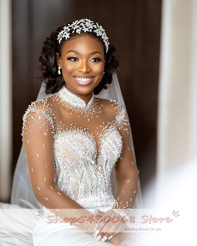 2021 New Fashion Mermaid Wedding Dresses High Neck Long Sleeve Sweep Train Beads Women Bridal Gowns vestidos de novia