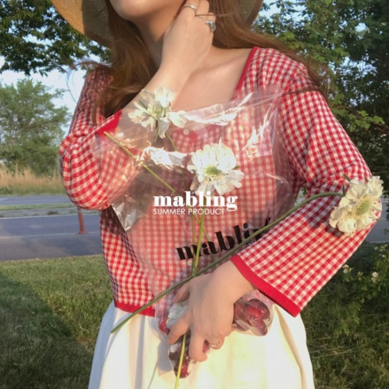 Red Mini Plaid Thin Sweater Women Single Breasted Knitted Short Cardigan Casual Spring Long Sleeve Round Collar 201029