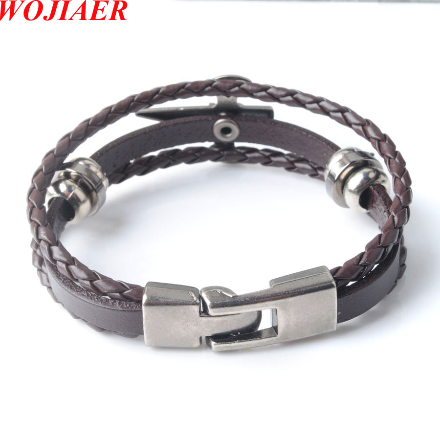 WOJIAER European Fashion Stainless Steel Skull of Cross Multilayer Leather Braid Bracelet Men's Charm Amulet Jewelry BC002
