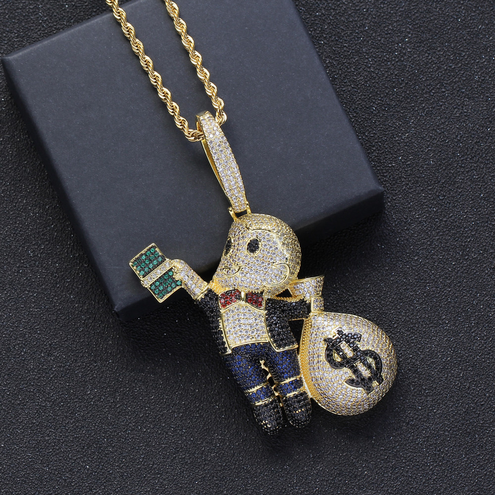 Small Size High Quality Brass CZ stones Cartoon Men Money Bag Necklace Hip hop pendant Jewelry Bling Bling Iced Out CN199 Y1220