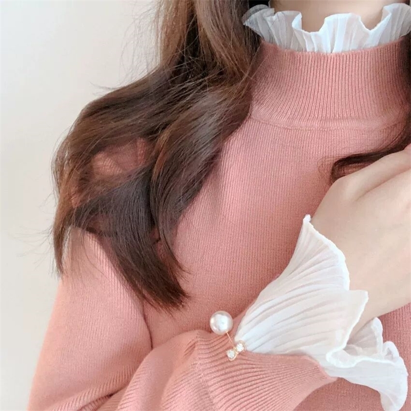 Women Sweet Patchwork Chiffon Sweater Autumn Winter Ladies Pearls Long Sleeve Pull Pullover Sweater Female Knitted Tops 201223