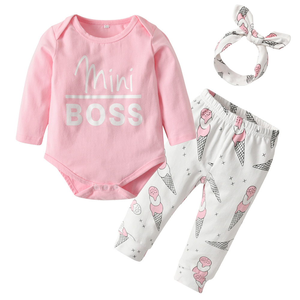 Infant born Cute Ice Cream Print Baby Girls Clothes Set Long Sleeve RomperPantsHeadband Toddler Outfits Set LJ201223