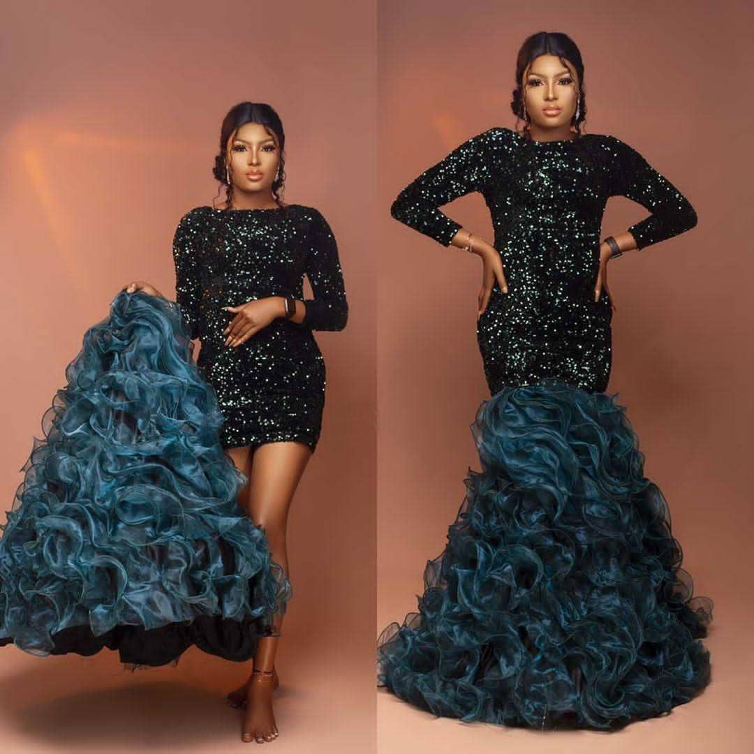 Sequined Navy Blue Mermaid Prom Dresses With Detachable Train Bateau Neck Long Sleeves Evening Gowns Floor Length Formal Dress