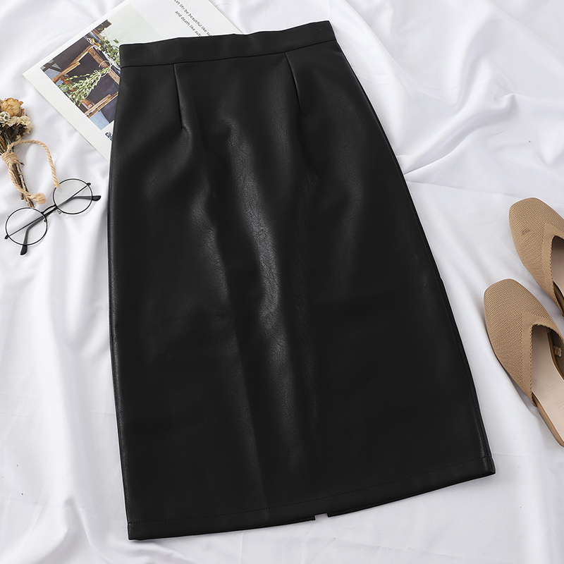 HELIAR PU Leather Solid Split High Waist Straight Highstreet Spring Midi Skirts Women T200324