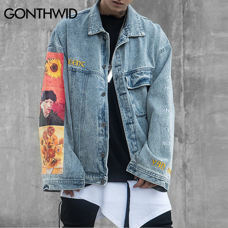 GONTHWID Van Gogh Painting Patchwork Embroidery Denim Jackets Hip Hop Casual Loose Jean Jackets Streetwear Fashion Outwear Coats 201118
