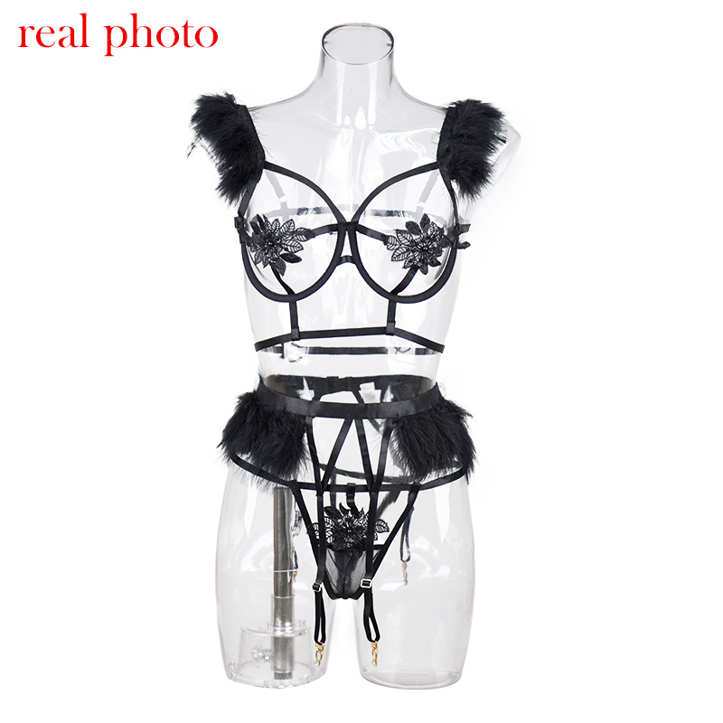 Ellolace Sexy Lingerie Hollow Out Feather Bra Women's Underwear Transparent Bra Set Black Lingerie Set Sexy Hot Erotic T200602