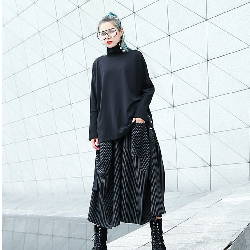 EAM New Spring Autumn High Elastic Waist Black Striped Big Pocket Stitching Wide Leg Pants Women Trousers Fashion JH787 201112