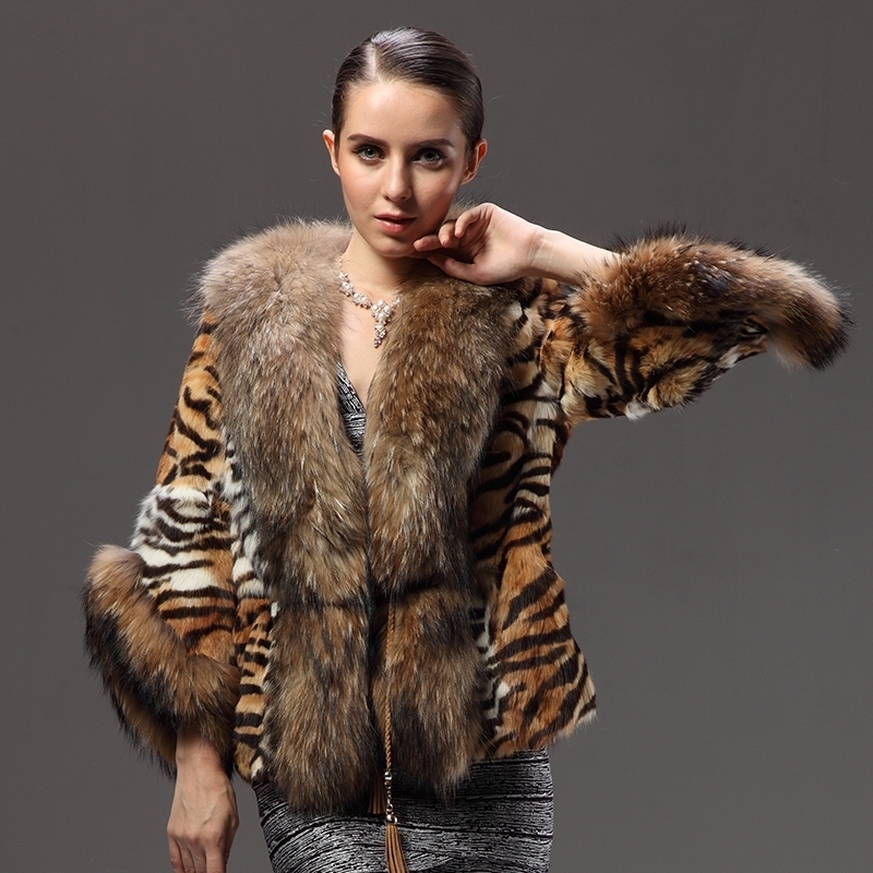 Natural Raccoon Fur Coat Genuine Fur Jackets Overcoat Women's Real Rabbit Fur Outerwear Tiger Stripes Leopard Plus Size 6XL Cape 201112