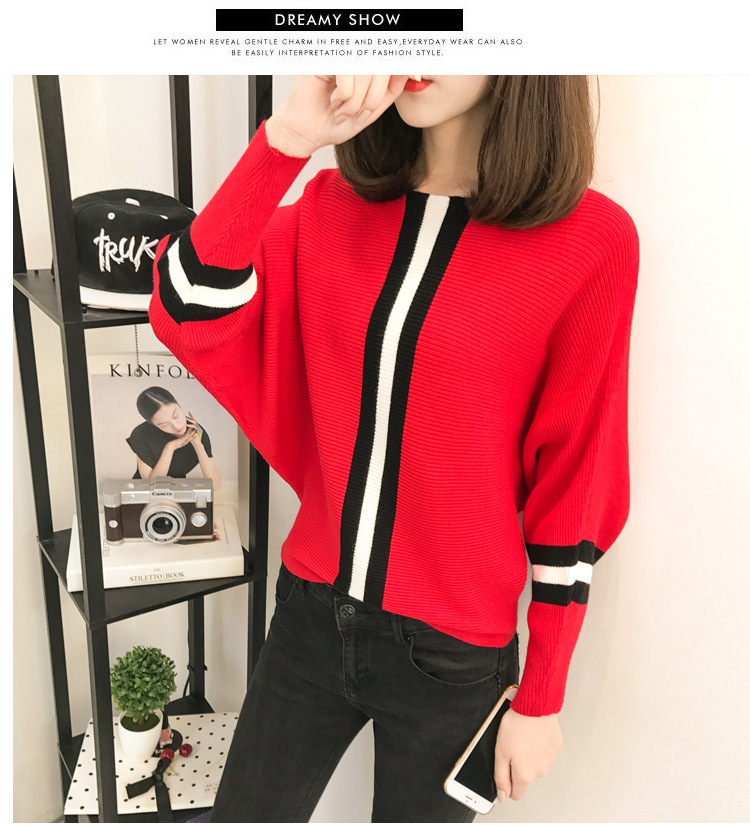 autumn vertical stripe contrast loose pullover sweater women short bat sleeve sweater 201221