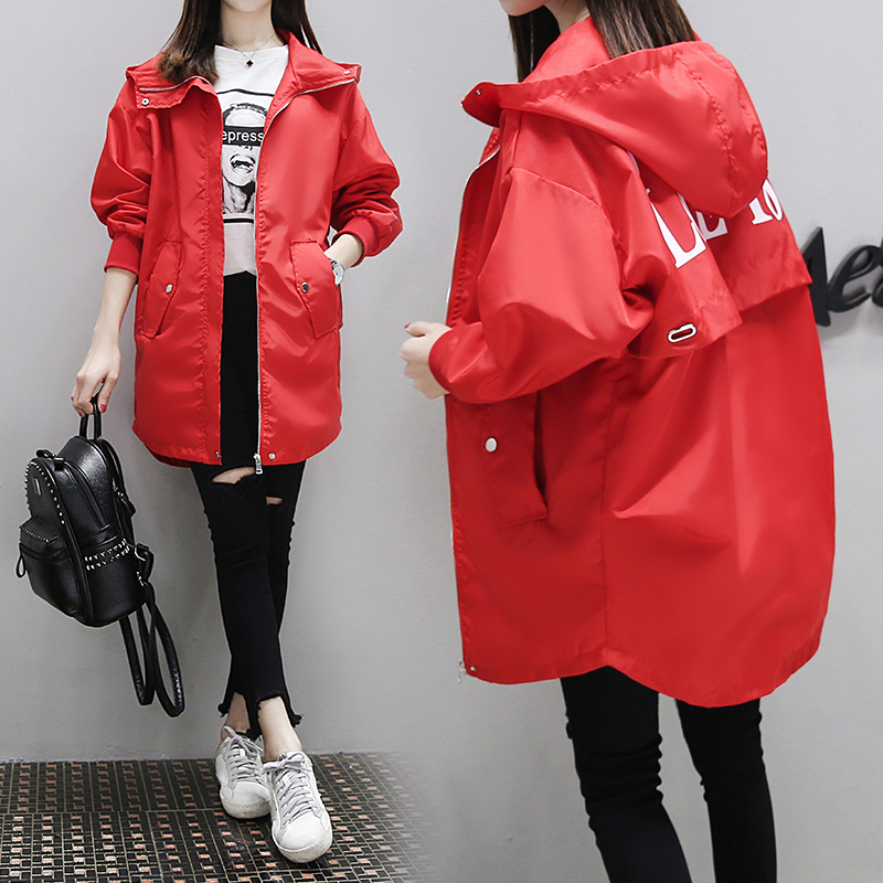 Korea Casual Trench Coat New Fashion Women Long Sleeved Hooded Letter Printed Medium Long Loose Windbreaker Autumn Coats 201211
