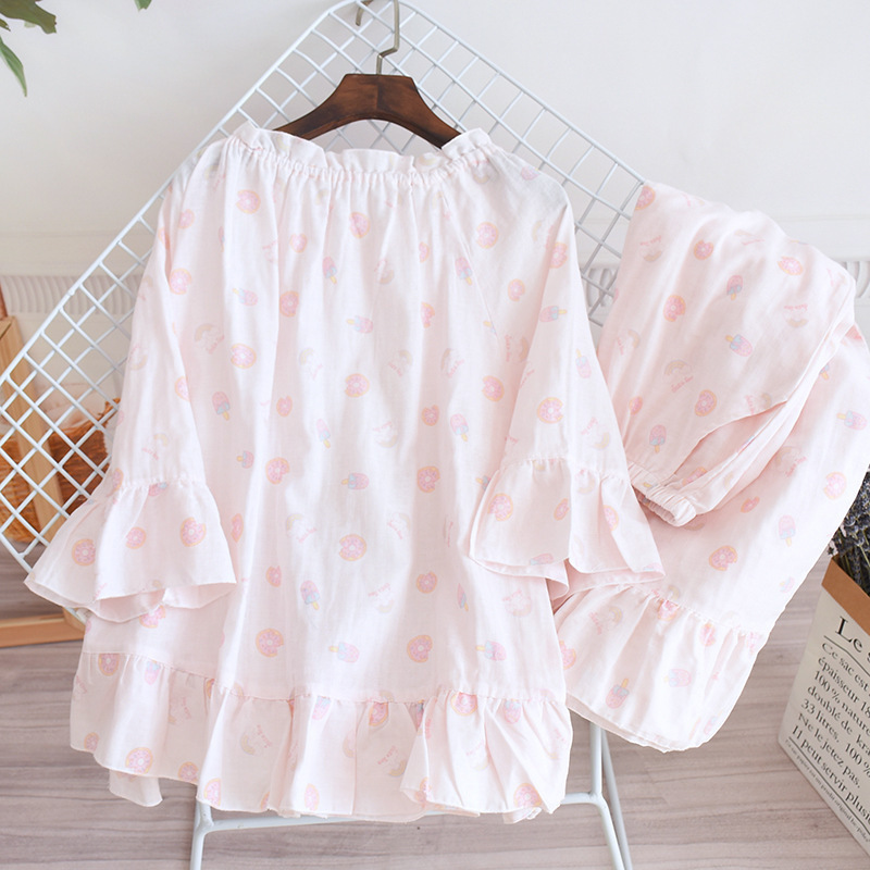 Women's Printed Longsleeved Trousers Loose 2 Piece Pajamas Cotton Home Clothes Stitching Frill Casual Lady Pijamas Verano Mujer T200429
