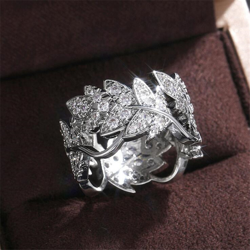 Size 6-10 Simple Fashion Jewelry 925 Sterling Silver Pave White Topaz CZ Diamond Gemstones Eternity Party Women Wedding Leaf Ring Set Gift