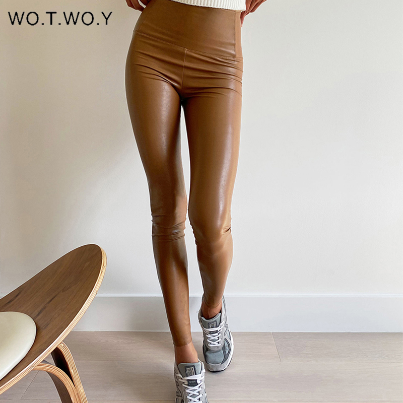 WOTWOY Fleece High Waist Skinny Leather Pants Women Autumn Winter Warm PU Leather Leggings Women Elastic Pencil Trousers Female 201111