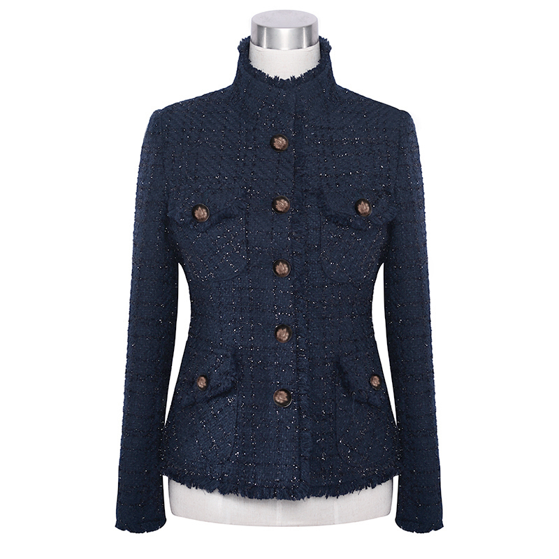 Navy blue tweed jacket spring / autumn /winter women's jacket coat classic ladies wild ladies bright wire braided tweed jacket Y201001
