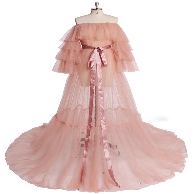 Pregnant Wedding Bathrobe Bateau Long Sleeves Tiered Tulle Sleep Wear Custom Made Pajamas Soft Wedding Robe Nightgown
