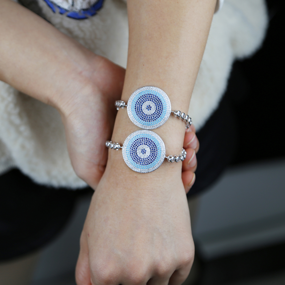 Wholesale Large Round Evil Eye Bracelet Bangles with Colorful Blue Cz Paved Women Tennis Chain Bracelet for Women Wedding Jewelry