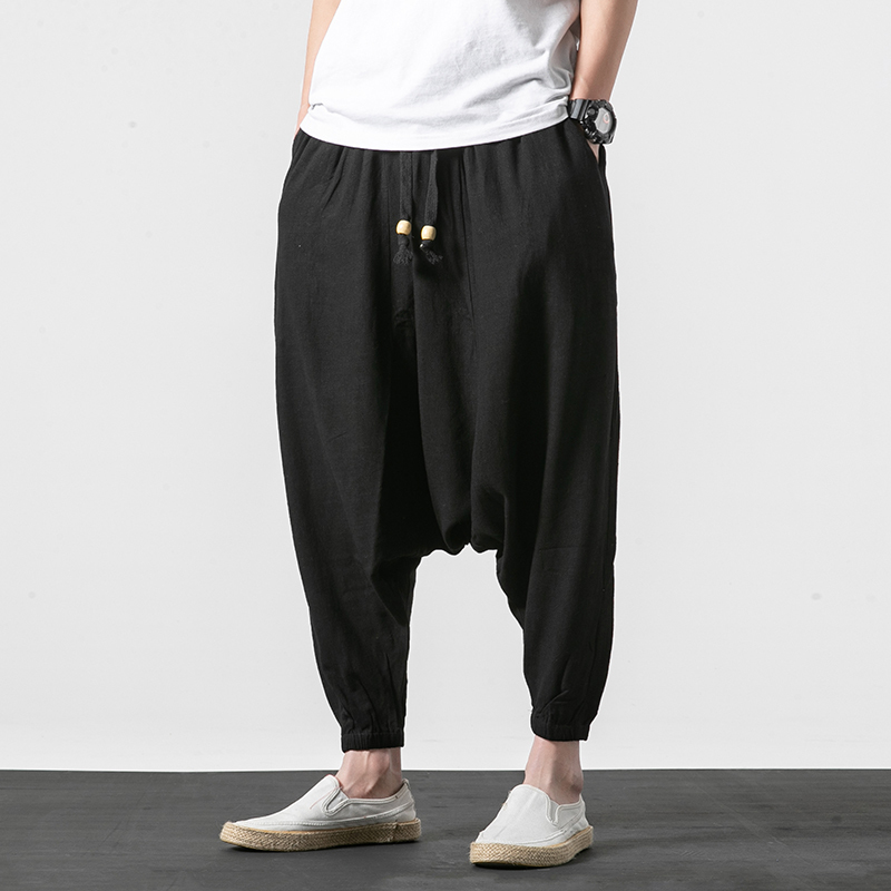 Men Wide Legs Pants Baggy Harem Pants Men Solid Black Trousers Male HipHop Joggers man streetwear hip hop linen Cross-pants 201027