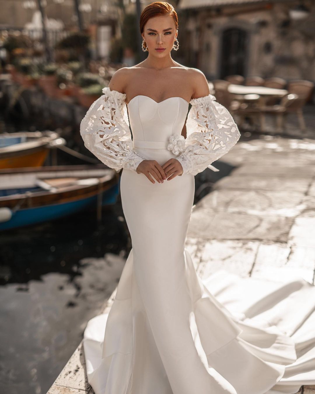 Fashion Mermaid Wedding Dresses With Detachable Lace Long Sleeves Sweetheart Neck Bridal Gowns Tiered Sweep Train Satin robe de mariée