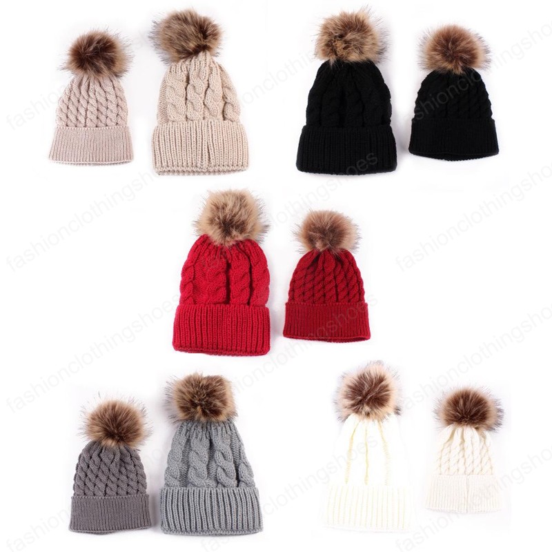 6 Colors INS Mother and Me Baby Kids Boys Girls Beanies Adults Winter Crochet Pom Poms Hats Children Newborn Caps for 0-3 Years