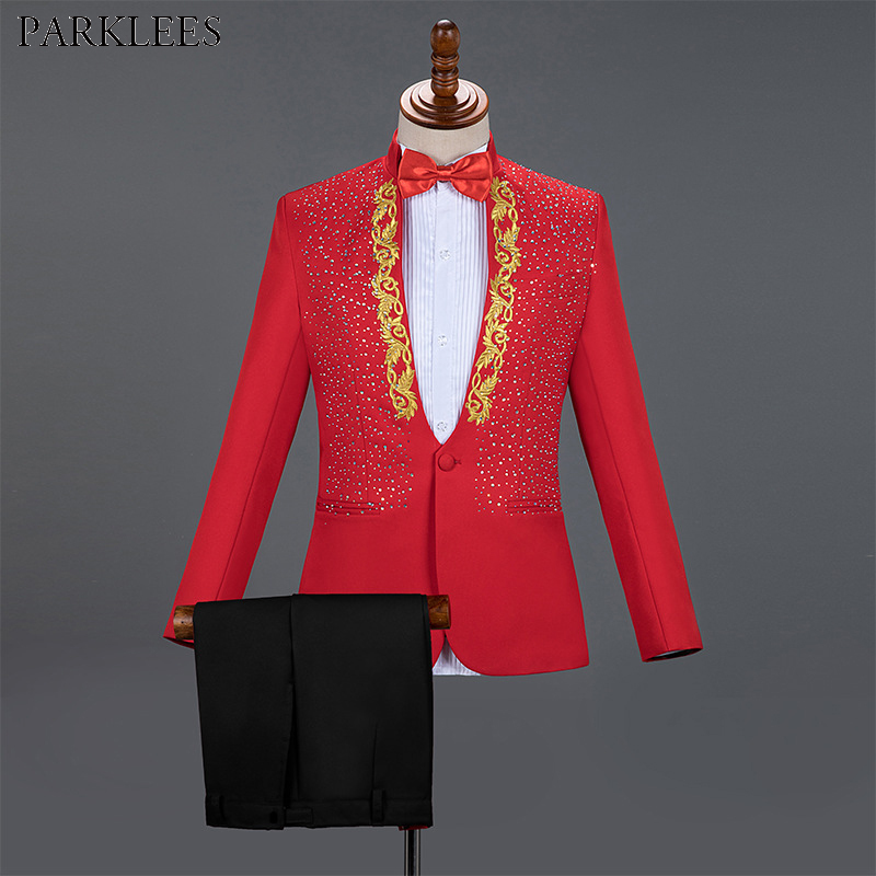 Red Men Suits for Wedding Gold Embroidered Diamond Groom Costume Mens Suits 2 Piece Party Prom Men Tuxedo Men Suit Set Masculino 201105