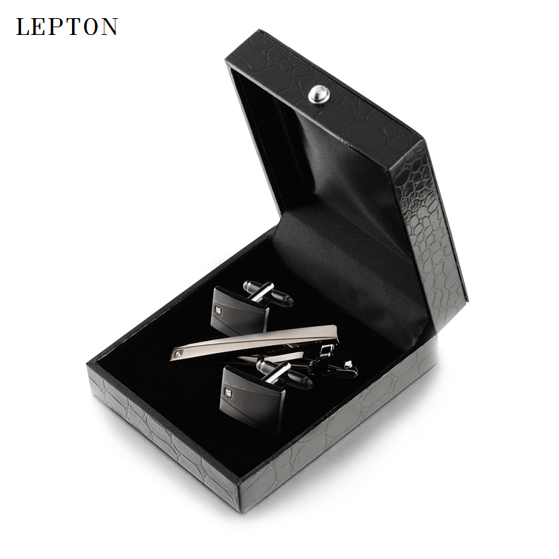 Lepton Classic Business Square Black Brush Mens Cufflinks Tie Clips Set High Quality Necktie Pin Tie Bars Clip Clasp Drop Ship 201106