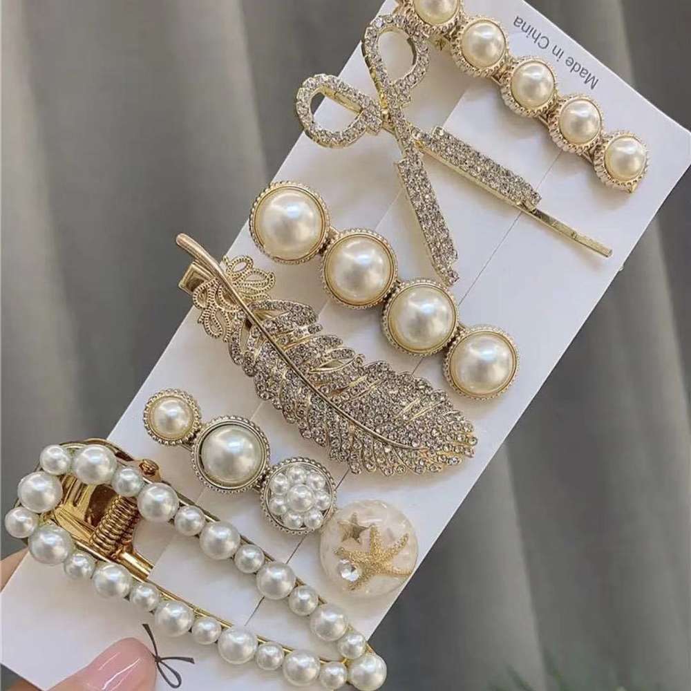 Tiktok feather 6 set Korean pearl hair ins net red girl bangs hairpin clip, Golden;silver