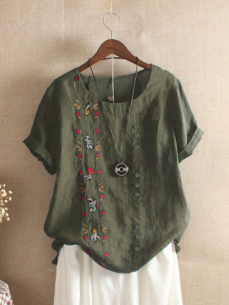 plus size 5xl Summer Kawaii Embroidery of cotton and linen flowers T Shirts Women o neck Short Sleeve Tops Tees Casual Female